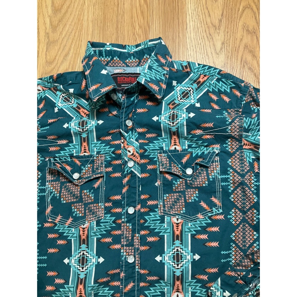 Aztec-Print Teal Western Snap Closure Shirt - Picture 2 of 8